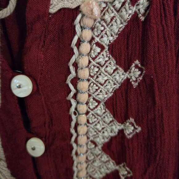 Free People Iris Cranberry Cream Crochet Wood Bead Detail Bohemian Top Size M - Picture 9 of 13
